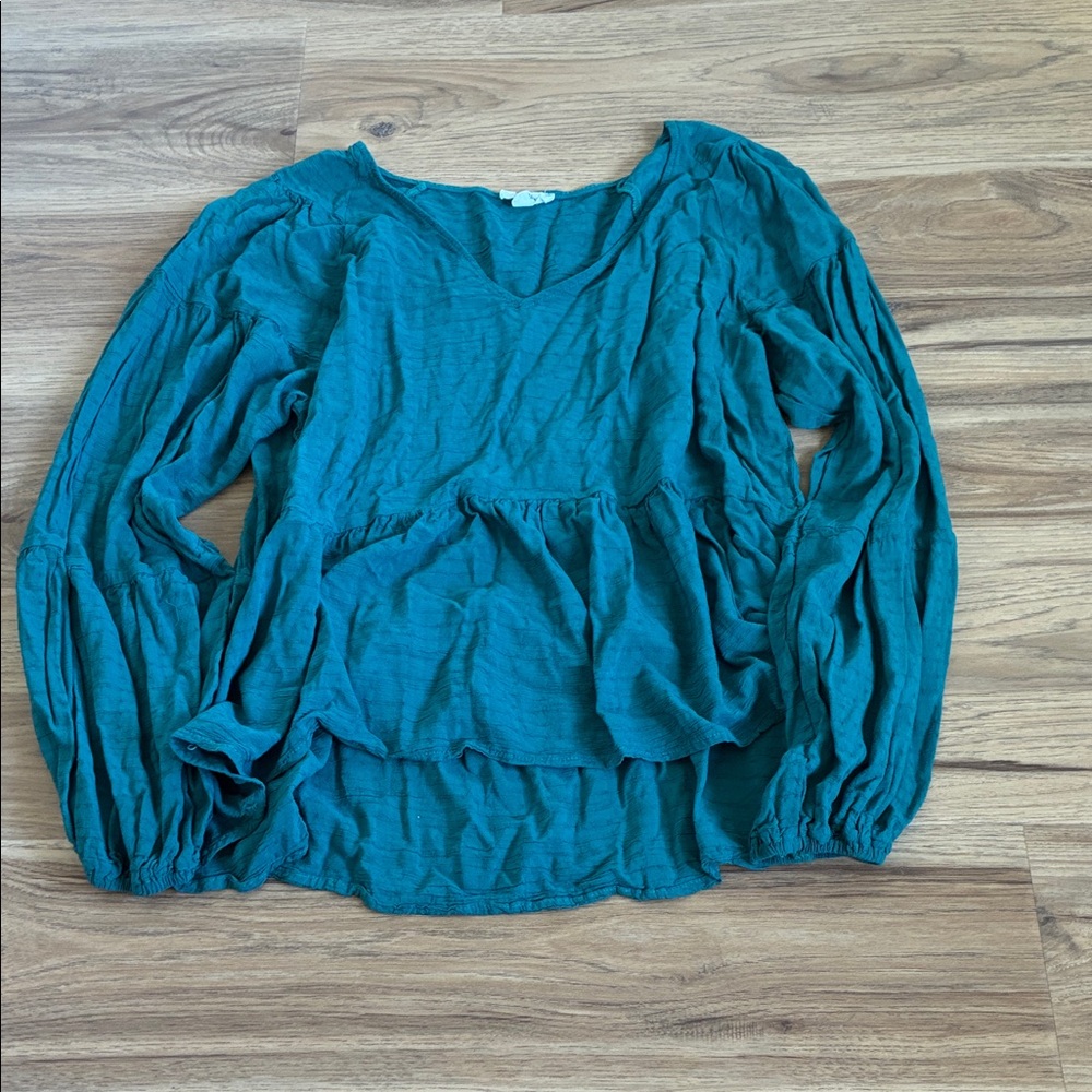 Eyeshadow Teal Blouse with Gathered Sleeves